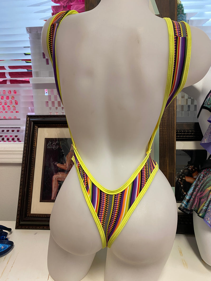JILLYROCKS 1 PC Neon stripe Tank O bodysuit thong rear