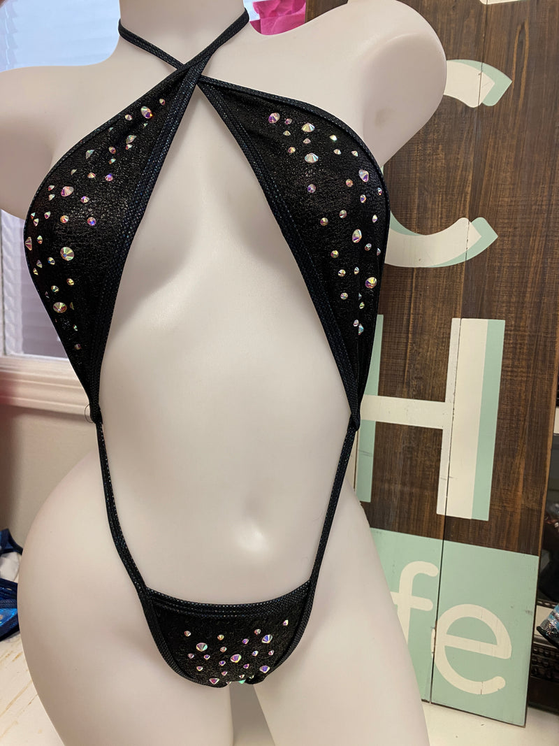 JILLYROCKS 1 pc Black shiny BLING slingshot bikini