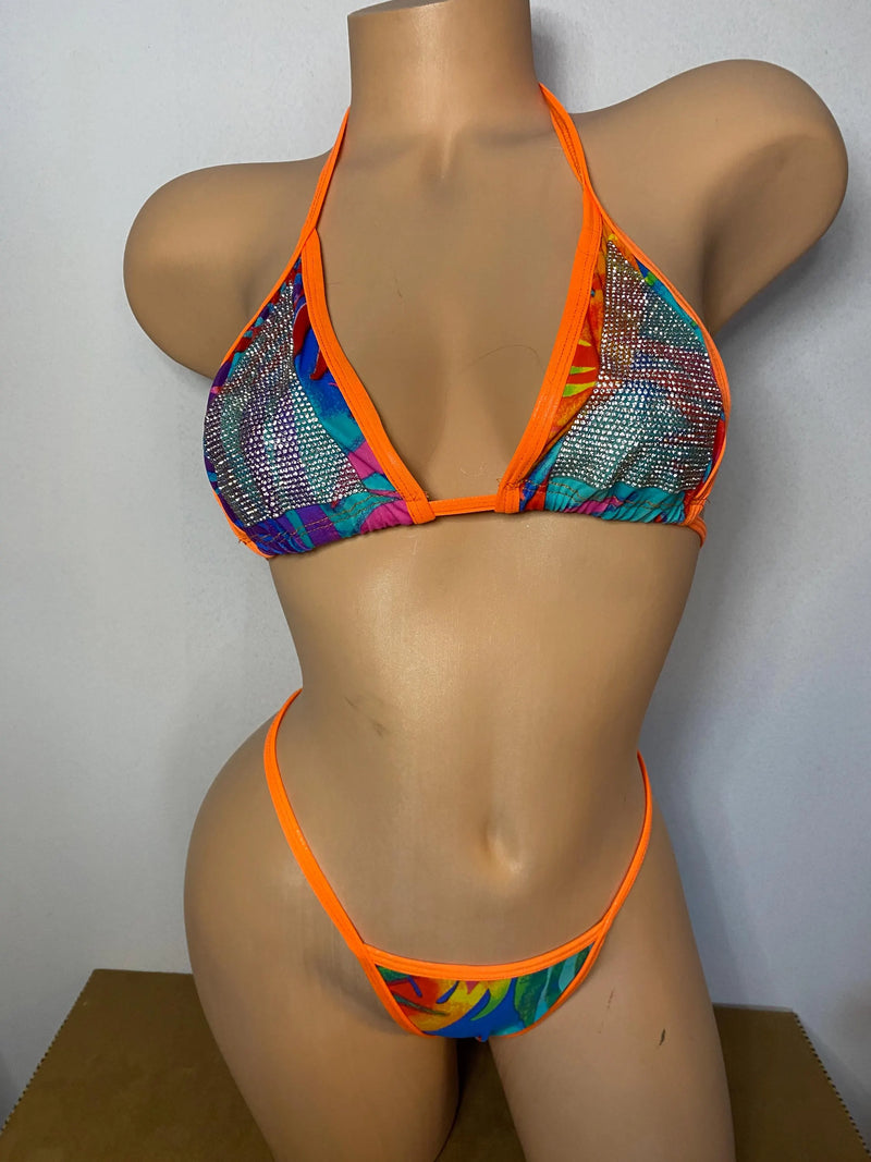 JILLYROCKS 2 PC ORANGE TROPICAL TRIANGLE TOP BLING THONG