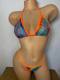 JILLYROCKS 2 PC ORANGE TROPICAL TRIANGLE TOP BLING THONG
