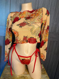 JILLYROCKS 2 PC RED DRAGON SHEER PRINT SHORT SLEEVE MESH TOP TIE THONG