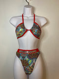 JILLYROCKS 2 PC RED TRIBAL PRINT TRIANGLE TOP HIGH WAIST THONG CRYSTAL BLING