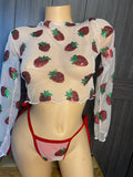 JILLYROCKS 2 PC STRAWBERRY MESH LONG SLEEVE TOP TIE THONG