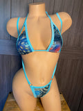 JILLYROCKS 2 PC SHINY TURQUOISE TROPICAL PRINT TRIANGLE TOP SUSPENDER THONG