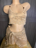 JILLYROCKS 3 PC Elle Beige lace crop thong sarong