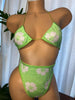 JILLYROCKS 2 PC GREEN WHITE TROPICAL PRINT TRIANGLE TOP HIGH WAIST SET
