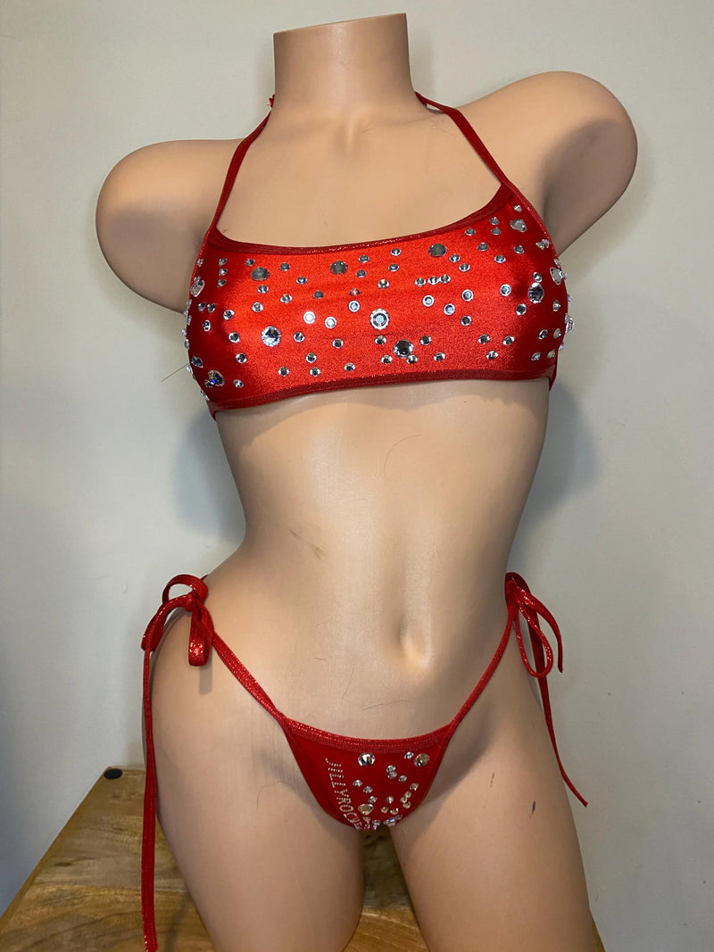 JILLYROCKS 2 PC RED CROP CRYSTAL RHINESTONE BLING TIE SIDE THONG