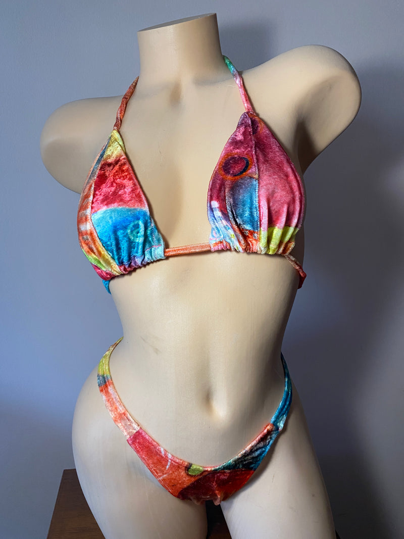 JILLYROCKS 2 pc Multicolored Velvet triangle top thong