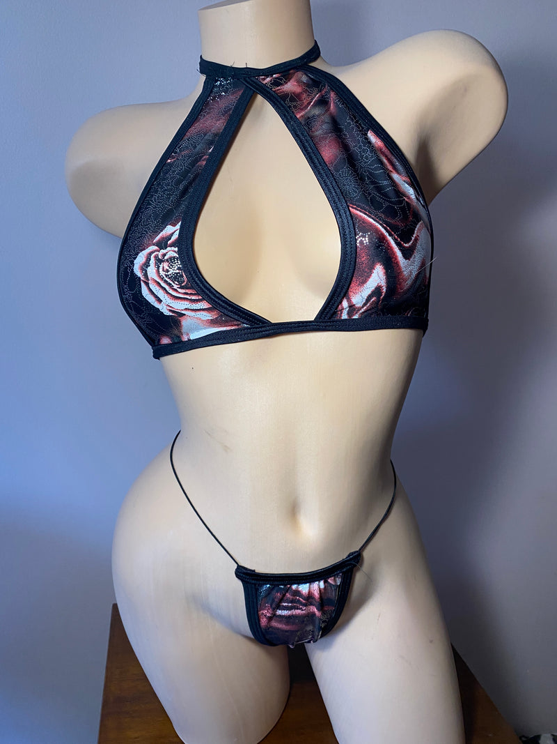 JILLYROCKS 2 PC Black print halter top micro thong