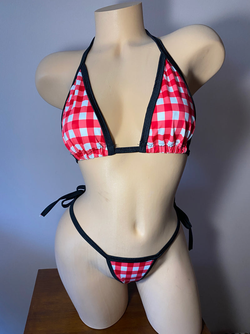 JILLYROCKS 2 PC red plaid Triangle top Tie side thong set