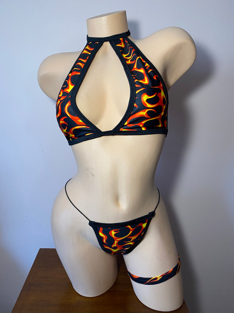 JILLYROCKS 3 PC FLAME halter top micro thong garter