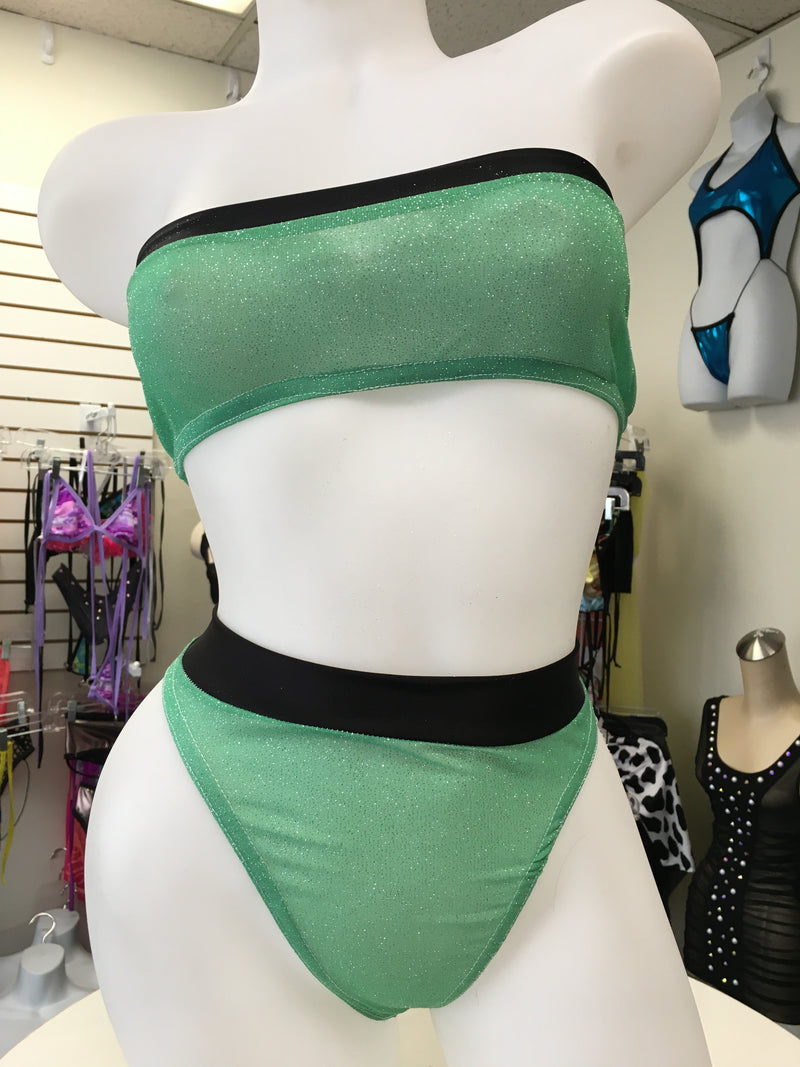 JILLYROCKS 2PC ARIKA SET green sparkle black trim Highwaist tube top