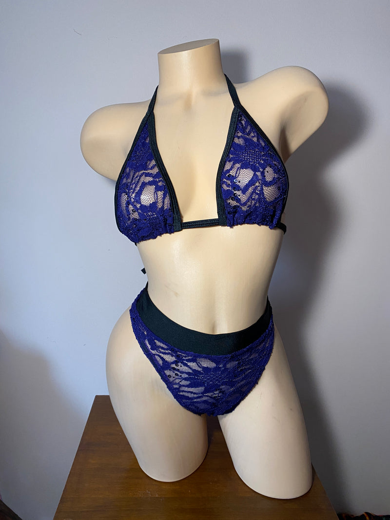 JILLYROCKS 2 PC ARIKA Dark purple lace triangle top High waist set