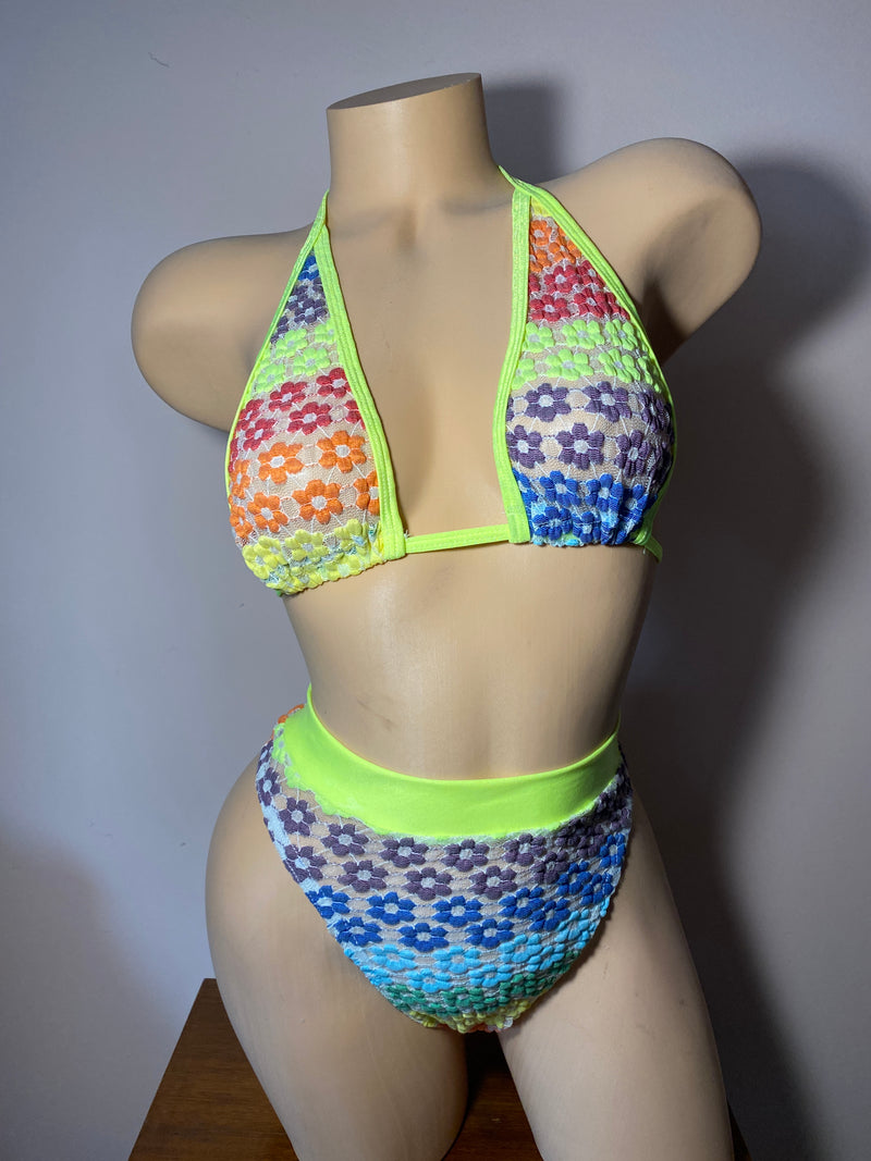 JILLYROCKS 2 PC set AKIRA Rainbow lace Triangle top High waist thong set