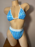 JILLYROCKS 2 PC AKIRA Blue floral plaid Triangle top High waist thong set