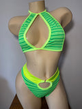 JILLYROCKS 2 PC AKIRA green yellow stripe Halter top High waist thong set