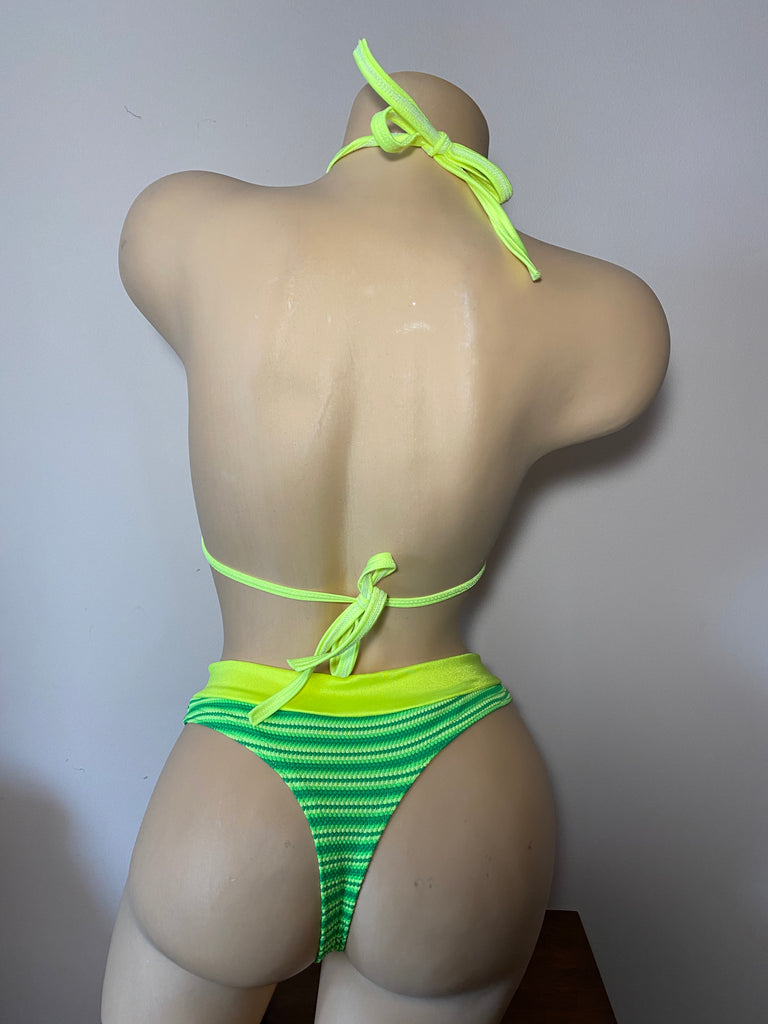 JILLYROCKS 2 PC AKIRA green yellow stripe Halter top High waist thong set