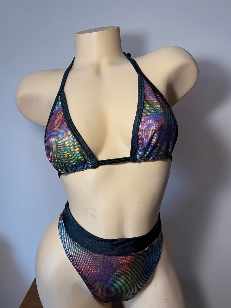 JILLYROCKS 2 PC Multi black metallic triangle top high waist thong