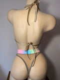 JILLYROCKS 2 PC ARIKA Pastel rainbow nude sheer mesh Triangle top High waist thong set