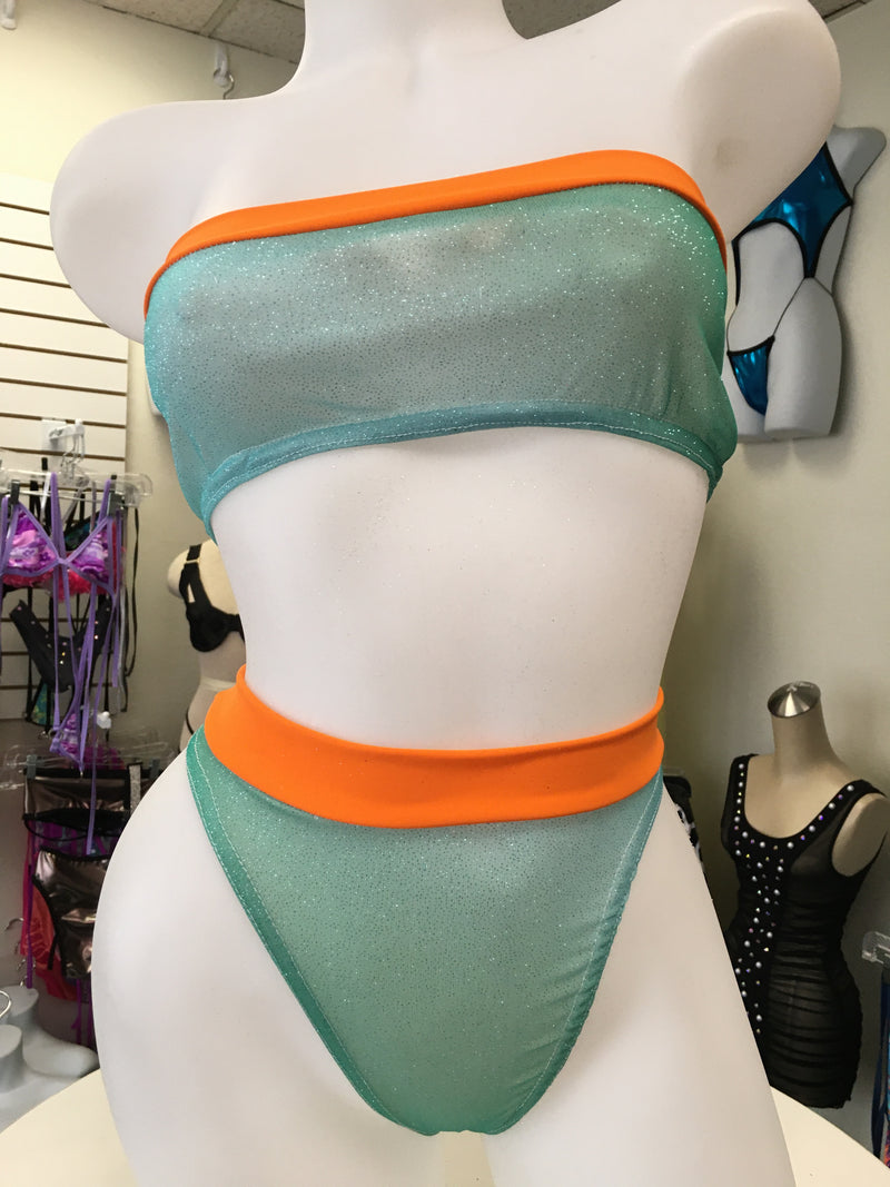 JILLYROCKS 2PC SET Turquoise sparkle orange trim Highwaist tube top