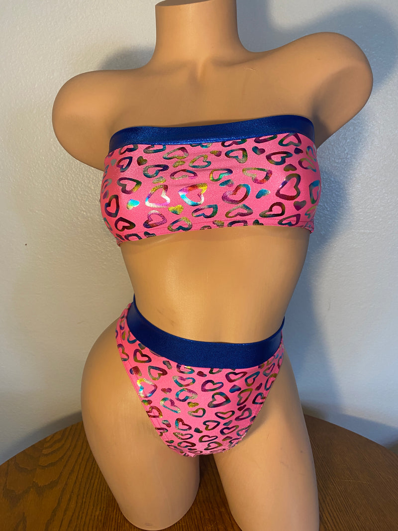 JILLYROCKS 2 Pc ARIKA  Pink Hearts tube top High waist thong bikini