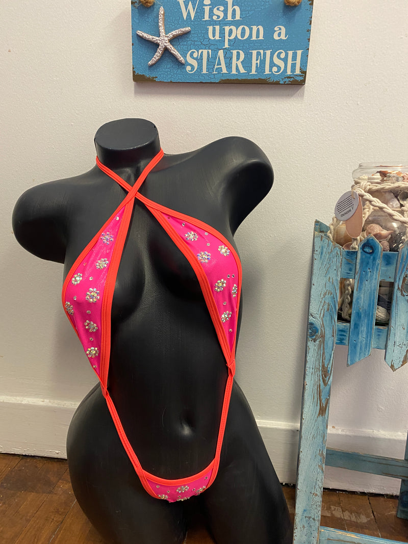 JILLYROCKS 1 pc thong Slingshot Neon pink rhinestone