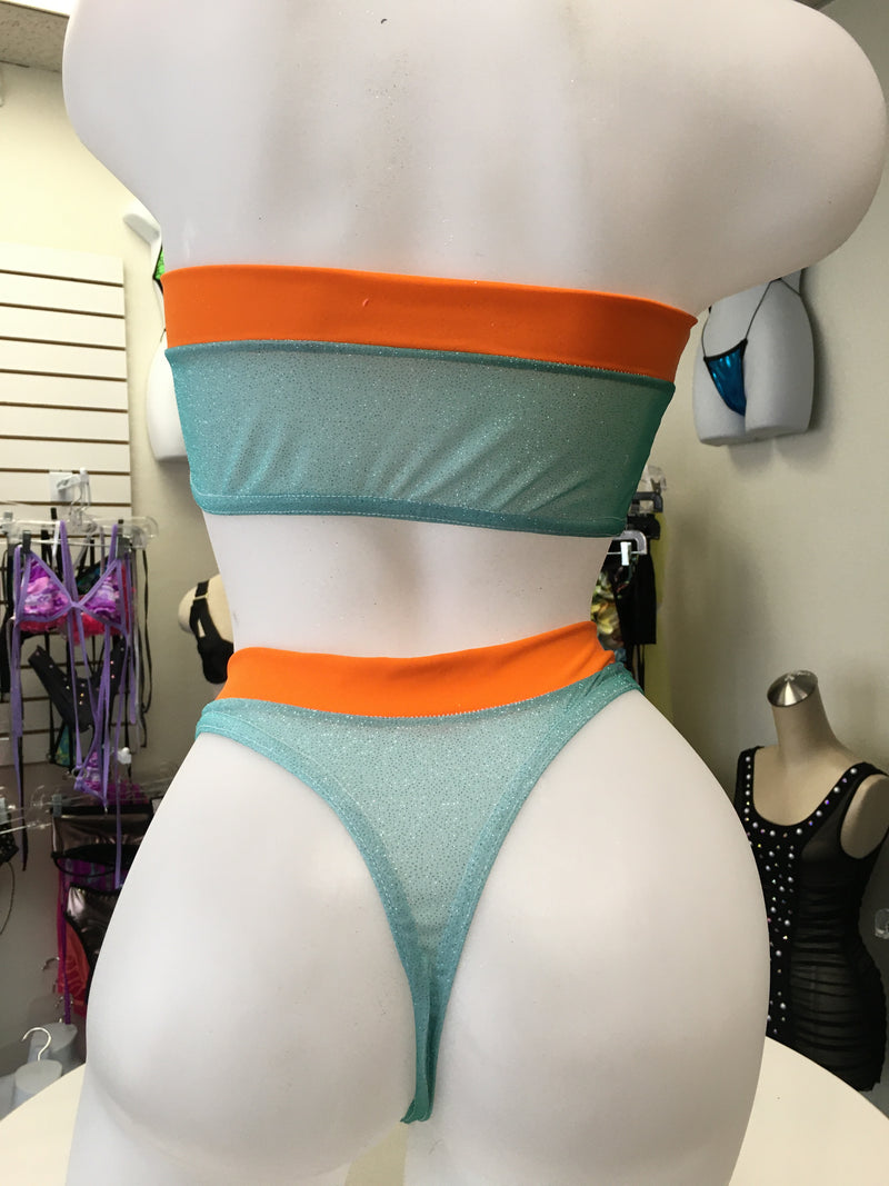 JILLYROCKS 2PC SET Turquoise sparkle orange trim Highwaist tube top