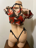 JILLYROCKS 3 Pc sheer mesh CAMO crop top tie thong choker