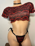 JILLYROCKS 3 PC Red black floral Crop top tie thong choker