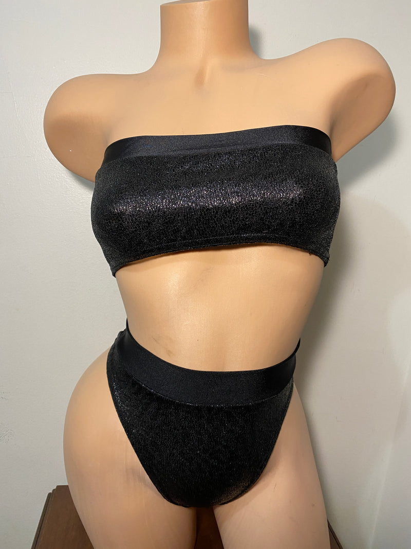 JILLYROCKS 2 Pc ARIKA Black Lacquer tube top High waist thong bikini