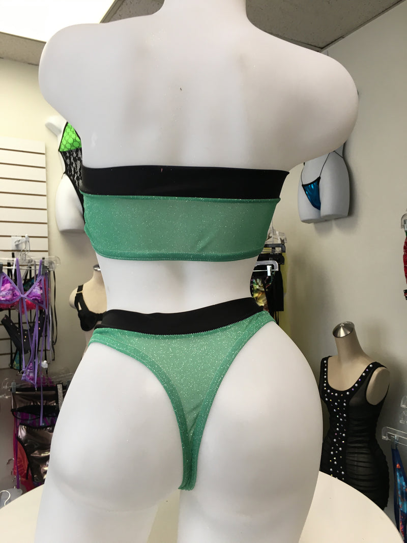 JILLYROCKS 2PC ARIKA SET green sparkle black trim Highwaist tube top
