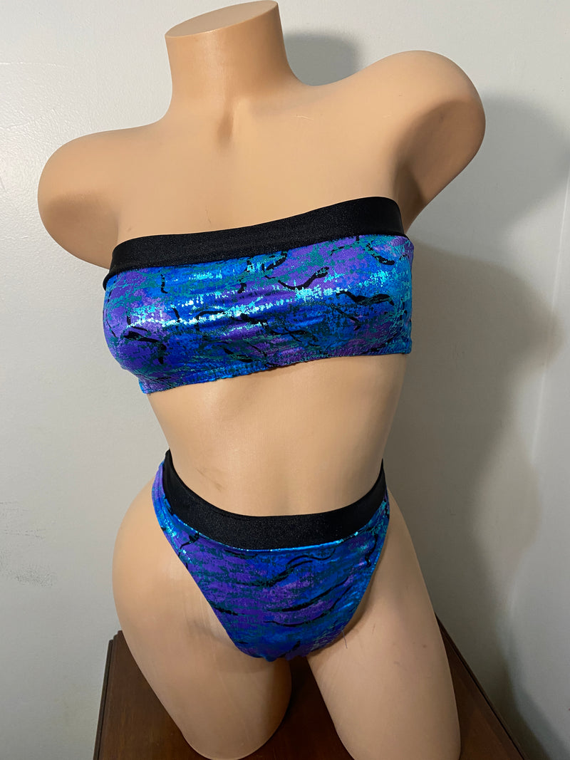JILLYROCKS 2Pc ARIKA Blue foil tube top High waist thong bikini