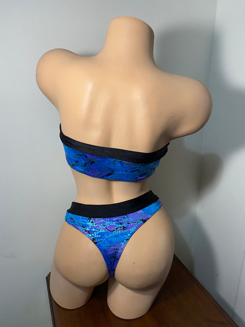 JILLYROCKS 2Pc ARIKA Blue foil tube top High waist thong bikini