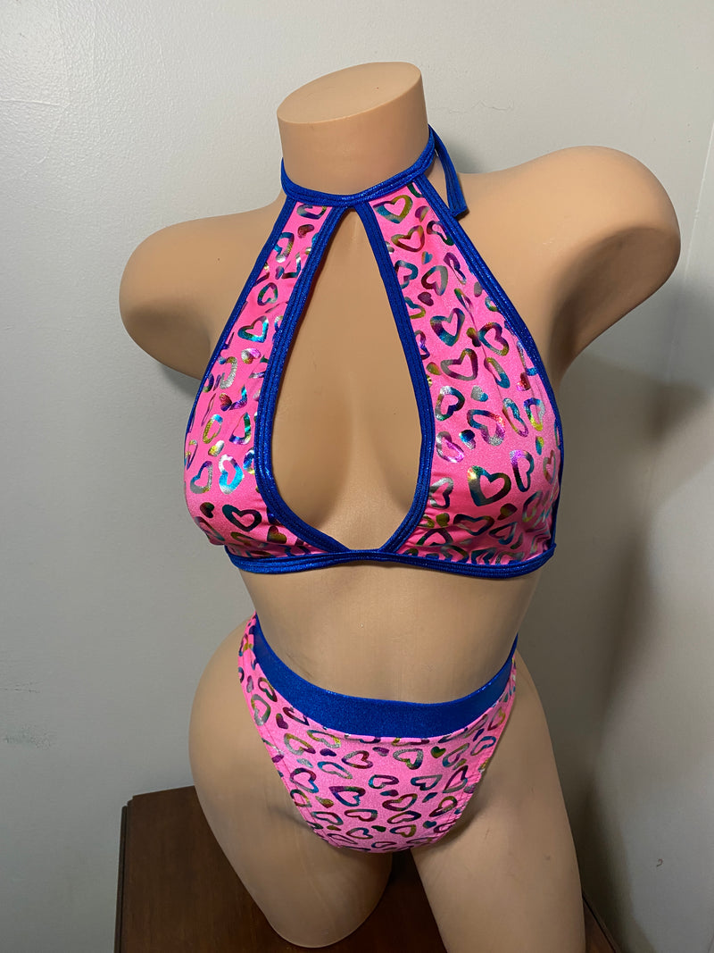 JILLYROCKS 2 Pc Arika  Neon pink hearts Halter high waist thong bikini