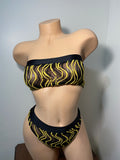 JILLYROCKS 2 Pc ARIKA Black yellow net tube top High waist thong set