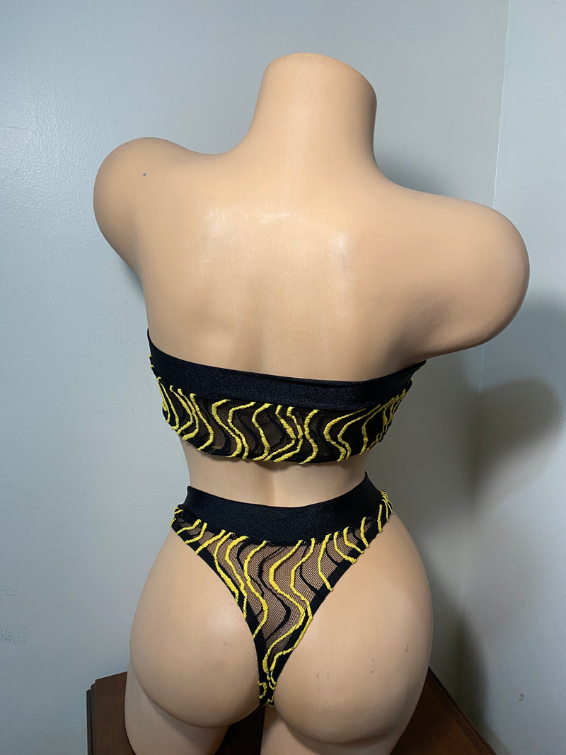 JILLYROCKS 2 Pc ARIKA Black yellow net tube top High waist thong set