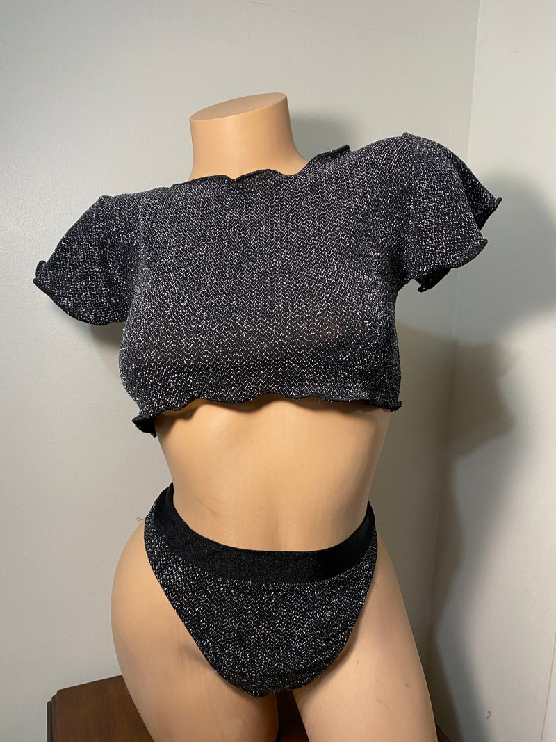 JILLYROCKS 3 Pc Black silver Crop top High waist thong choker