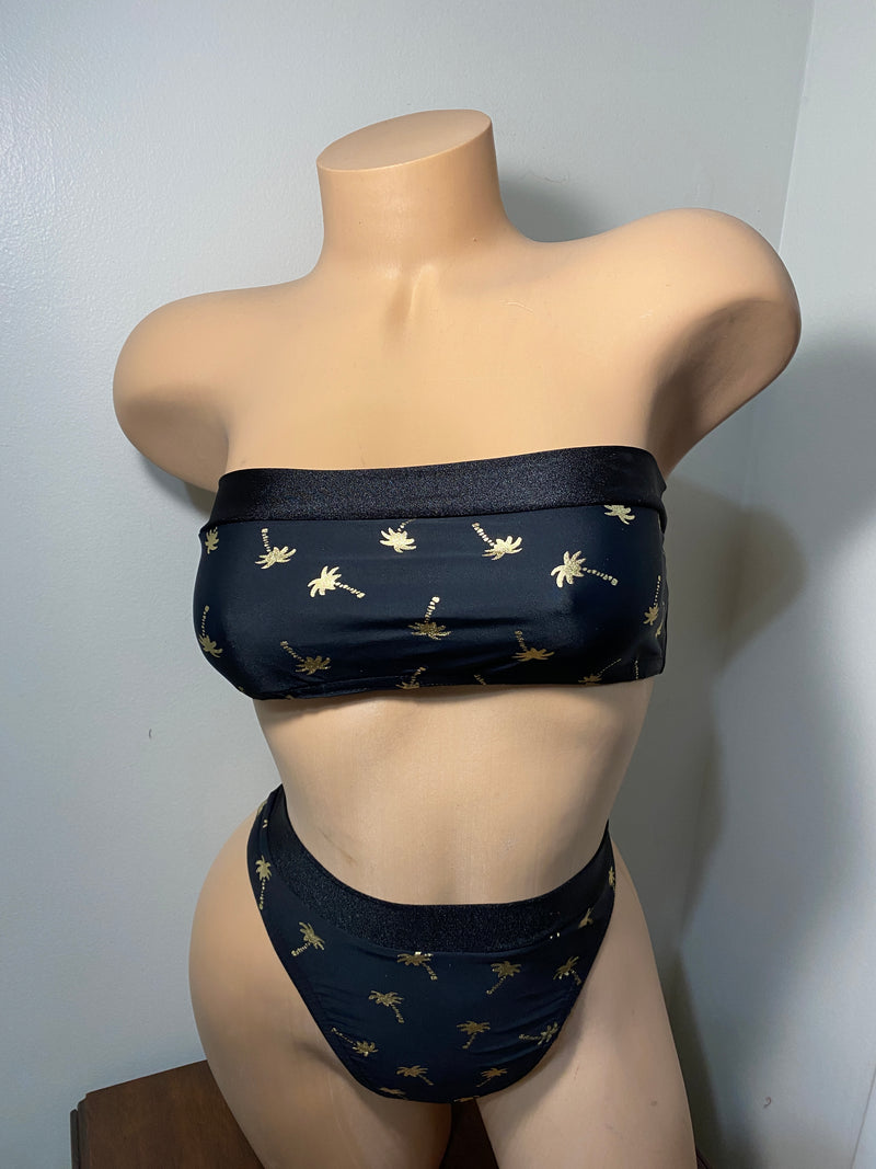 JILLYROCKS 2 pc ARIKA Black gold Palm tree tube top High waist thong