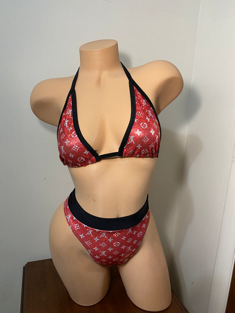 JILLYROCKS 2 Pc ARIKA  Red Black metallic  Print triangle top high waist thong