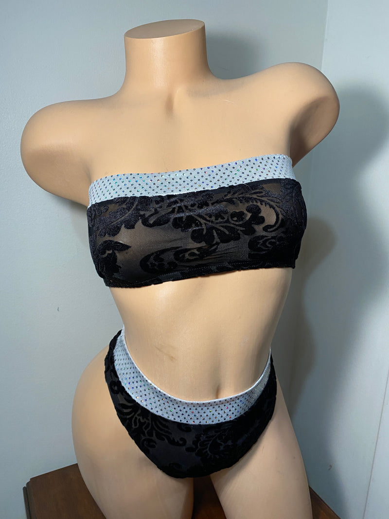 JILLYROCKS 2 Pc ARIKA Black  Silver velvet floral tube top High waist thong