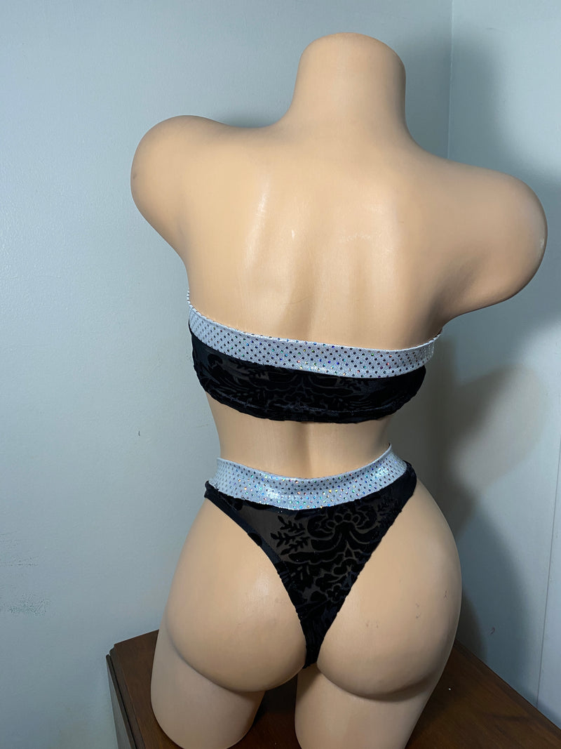 JILLYROCKS 2 Pc ARIKA Black  Silver velvet floral tube top High waist thong