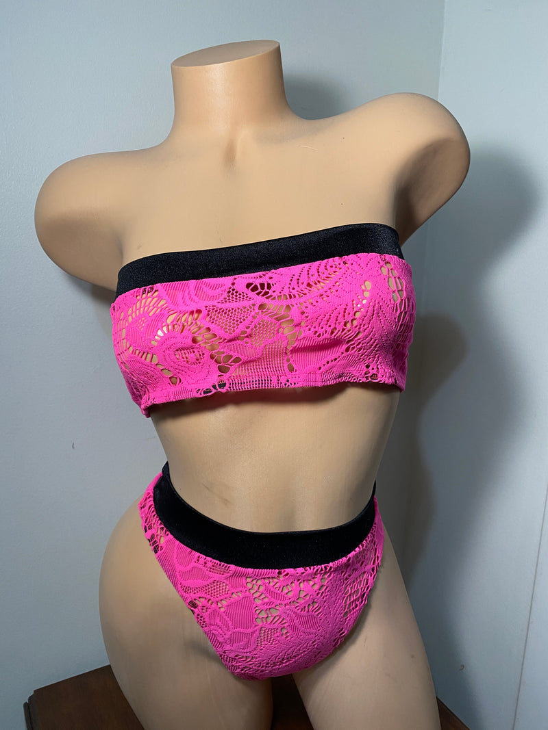 JILLYROCKS 2 Pc ARIKA Pink neon lace Tube top High waist thong bikini