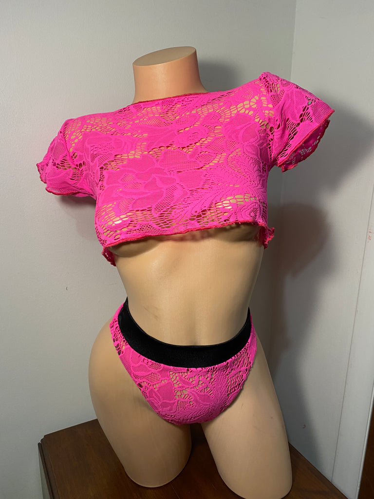 JILLYROCKS 3 Pc Neon pink lace Crop top High waist thong choker