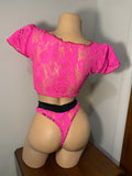 JILLYROCKS 3 Pc Neon pink lace Crop top High waist thong choker