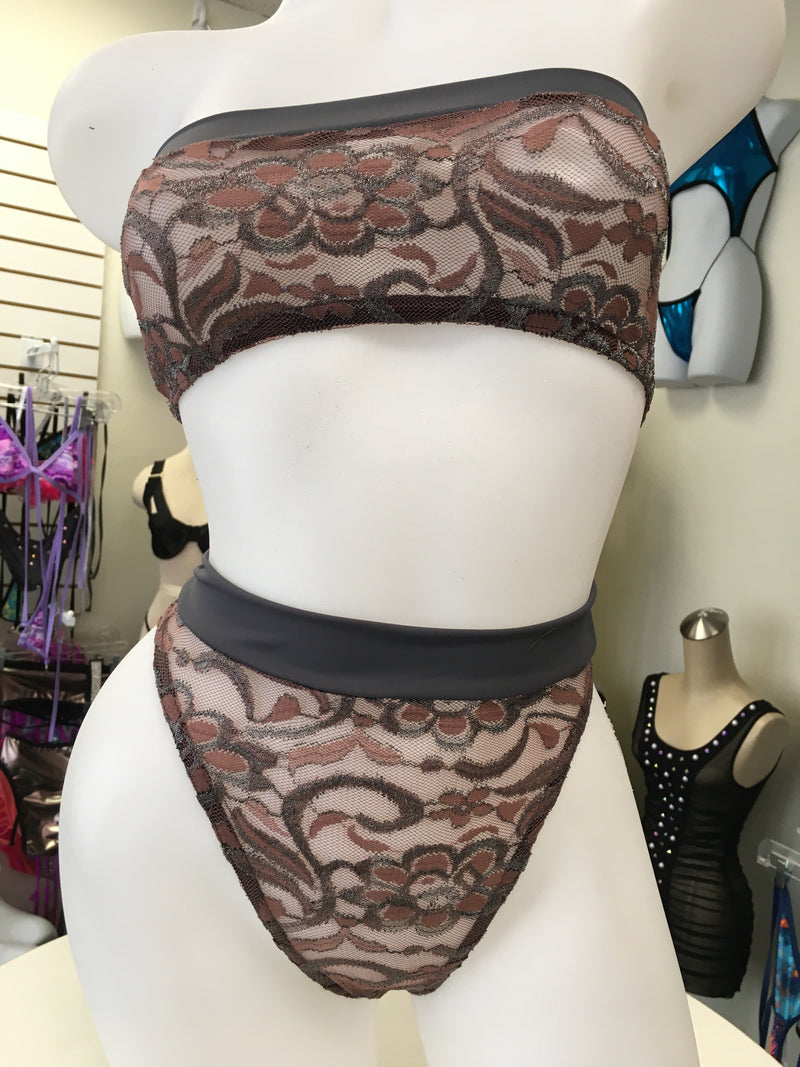 JILLYROCKS 2PC ARIKA Taupe lace Gray trim Highwaist thong Tube top