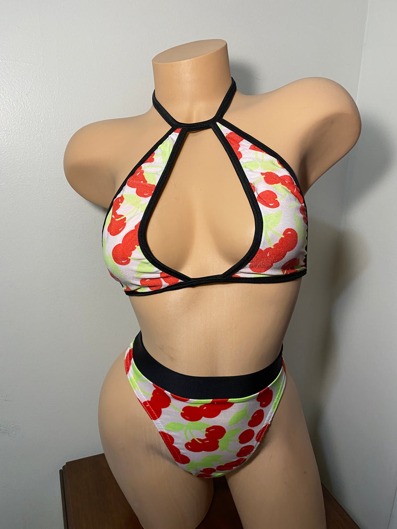 JILLYROCKS 2 Pc ARIKA Cherry Halter top High waist thong bikini