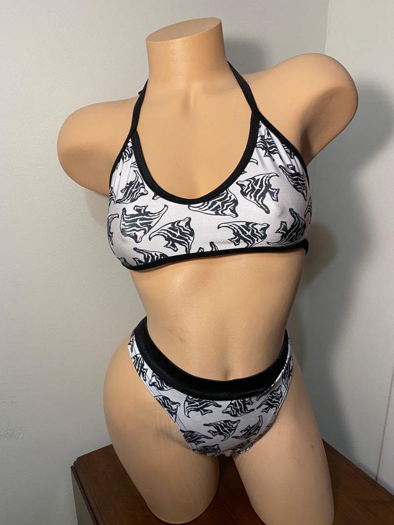 JILLYROCKS 2 Pc ARIKA Fish print Crop halter top High waist thong bikini