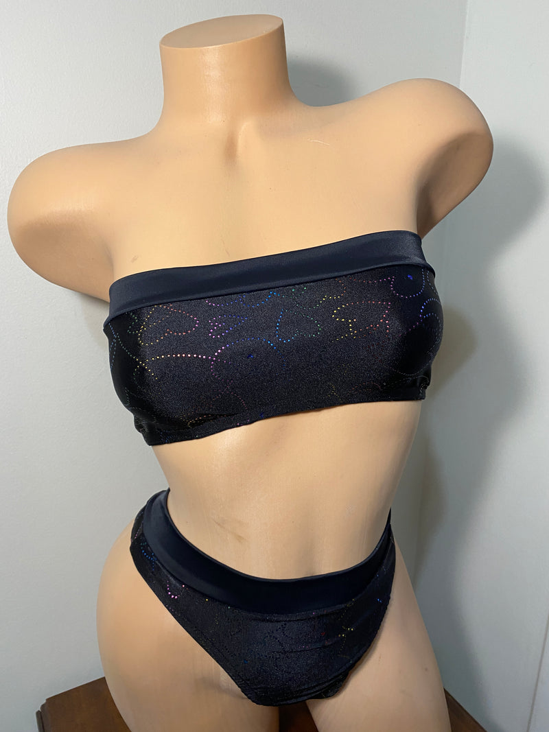 JILLYROCKS 2 Pc ARIKA Black metallic hearts Tube top High waist thong bikini
