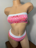 JILLYROCKS 2 Pc ARIKA Neon pink white lace Tube top High waist thong