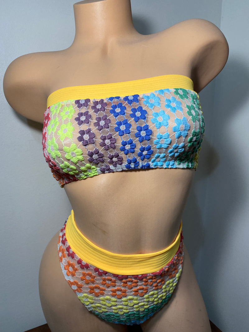 JILLYROCKS 2 Pc ARIKA Rainbow flower lace Tube top High waist thong bikini